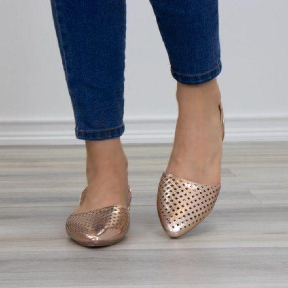 Pointed Toe Perforated Gold Rose Flats - Picture 2 of 7